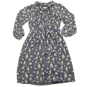 Boden Dress‎ Women 4R Blue Gray Floral 100% Silk Long Sleeve Sheer Occasion